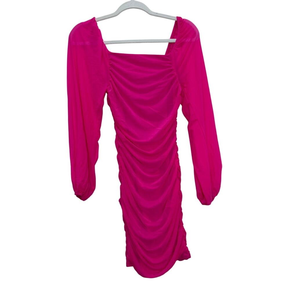 NWT Women's Hot Pink Bodycon Sheer Sleeves Mini Cocktail Rave Party Dress Small